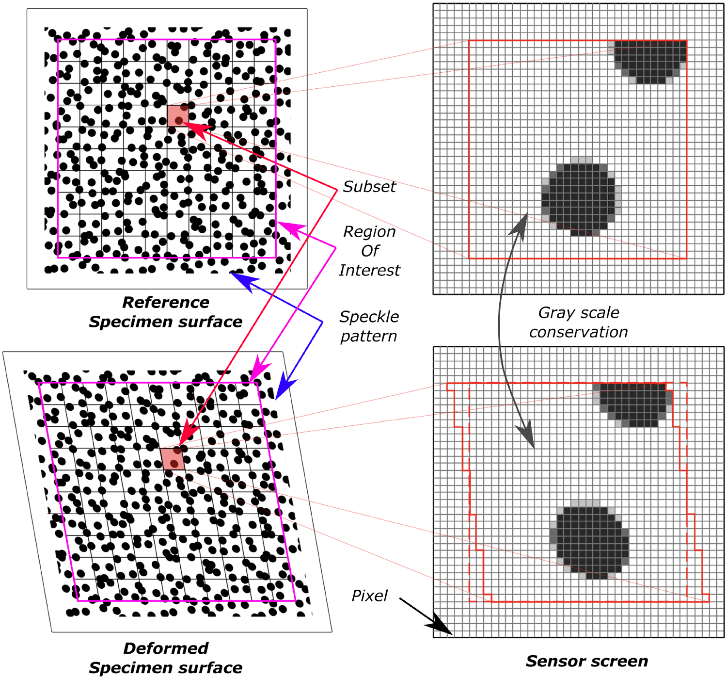 Figure 2: Comparison between speckle patterns with and without perspective effects. Left: circular speckles viewed perpendicular to camera. Right: same speckles viewed from tilted angle — they appear deformed and non-uniform in size.